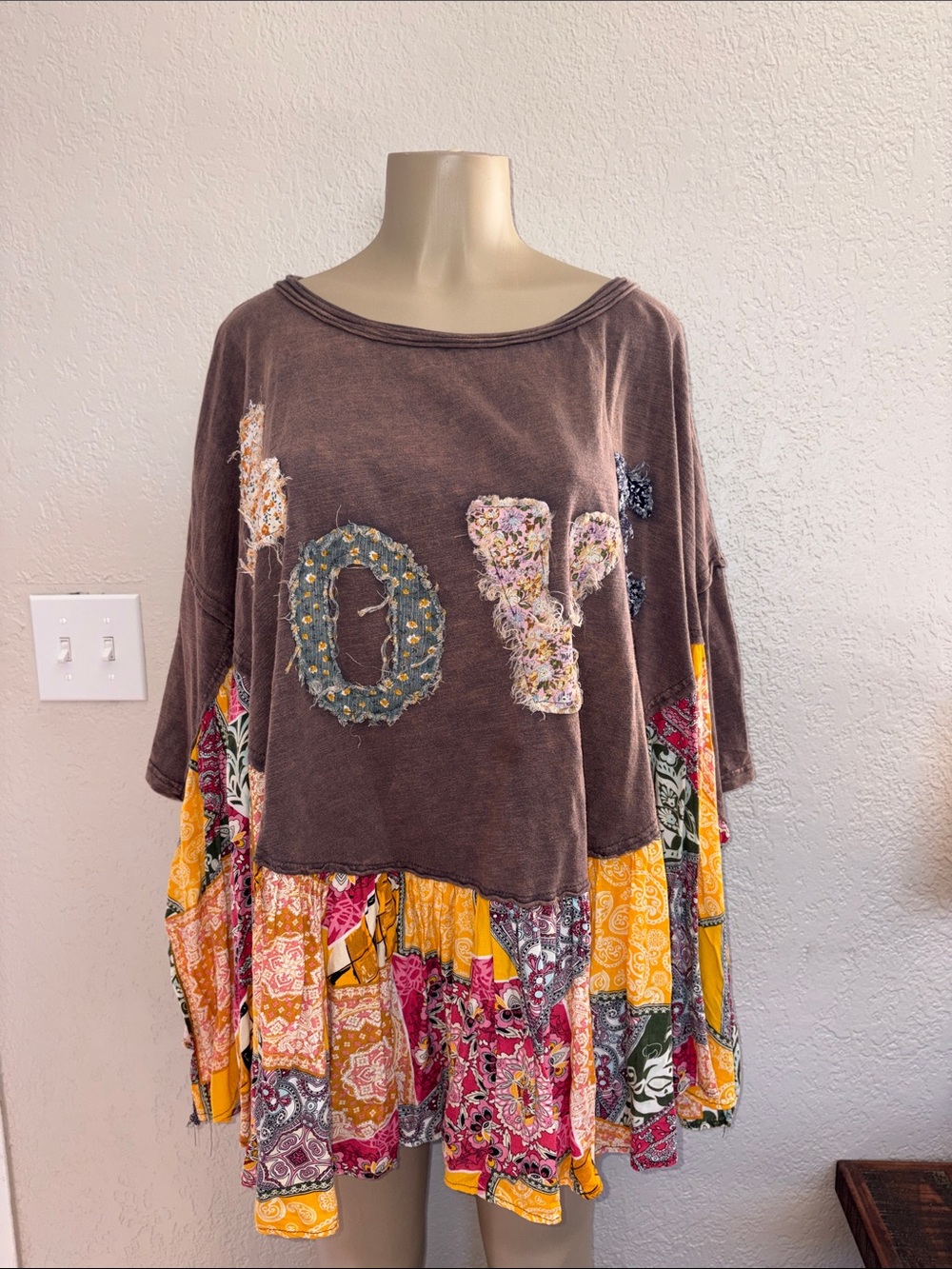 #OH239- NWOT- Oli & Hali Oversized Boho 'LOVE' Patchwork PonchoTunic - L